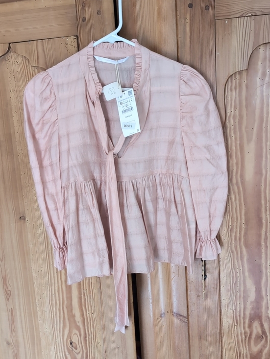 Zara Tops - Zara Pale Pink Textured Peasant Blouse with Tie